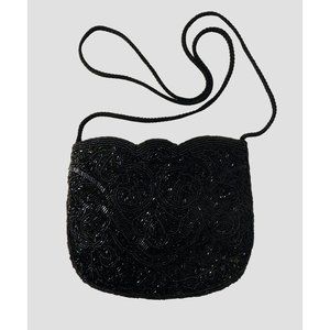 Carla Marchi Black Beaded Bag Evening Cocktail Purse Snap Closure 8 x 6.5 Inch